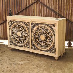 Handcrafted Solid Wood Sideboard Cabinet with Mandala Carved Doors | Rustic Storage Cabinet for Living Room, Dining Room & Entryway