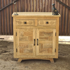 Handcrafted Mango Wood Cabinet | Rustic Carved Storage Cabinet with Patchwork Door Design & Drawers | Wooden Accent Cabinet for Living Room, Bedroom & Entryway