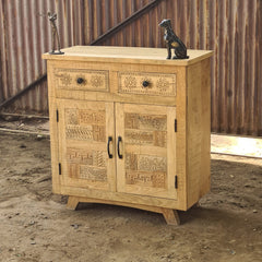 Handcrafted Mango Wood Cabinet | Rustic Carved Storage Cabinet with Patchwork Door Design & Drawers | Wooden Accent Cabinet for Living Room, Bedroom & Entryway