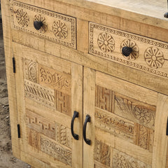 Handcrafted Mango Wood Cabinet | Rustic Carved Storage Cabinet with Patchwork Door Design & Drawers | Wooden Accent Cabinet for Living Room, Bedroom & Entryway