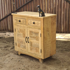 Handcrafted Mango Wood Cabinet | Rustic Carved Storage Cabinet with Patchwork Door Design & Drawers | Wooden Accent Cabinet for Living Room, Bedroom & Entryway