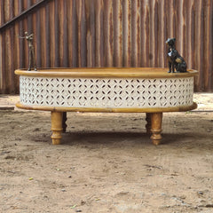 Round Wooden Coffee Table with Hand-Carved Whitewash Jali Design | Handmade Living Room Center Table | Rustic Boho Coffee Table