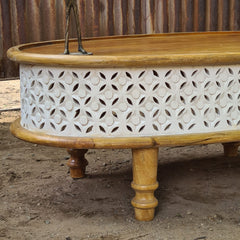 Round Wooden Coffee Table with Hand-Carved Whitewash Jali Design | Handmade Living Room Center Table | Rustic Boho Coffee Table