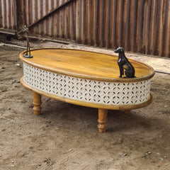 Round Wooden Coffee Table with Hand-Carved Whitewash Jali Design | Handmade Living Room Center Table | Rustic Boho Coffee Table