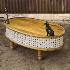 Round Wooden Coffee Table with Hand-Carved Whitewash Jali Design | Handmade Living Room Center Table | Rustic Boho Coffee Table