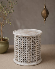 Hand Carved Round Wooden Side Table Stool – Whitewash Finish Accent Table | Boho End Table, Rustic Bedside Table & Decorative Home Furniture