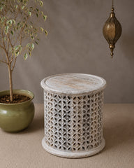 Hand Carved Round Wooden Side Table Stool – Whitewash Finish Accent Table | Boho End Table, Rustic Bedside Table & Decorative Home Furniture