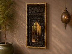 Vintage Hand Carved Wooden Wall Mirror – Dark Walnut Finish with Gold Trim | Traditional Indian Accent Mirror