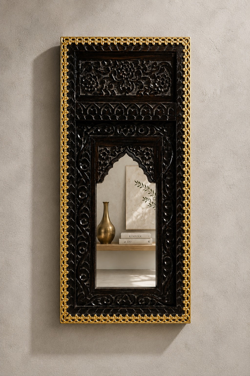 Vintage Hand Carved Wooden Wall Mirror – Dark Walnut Finish with Gold Trim | Traditional Indian Accent Mirror