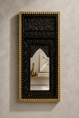 Vintage Hand Carved Wooden Wall Mirror – Dark Walnut Finish with Gold Trim | Traditional Indian Accent Mirror