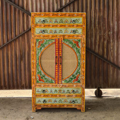 Hand-Painted Solid Wood Armoire Cabinet with Cane Doors and Floral Artwork | Rustic Storage Wardrobe for Bedroom, Living Room & Entryway