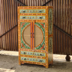 Hand-Painted Solid Wood Armoire Cabinet with Cane Doors and Floral Artwork | Rustic Storage Wardrobe for Bedroom, Living Room & Entryway