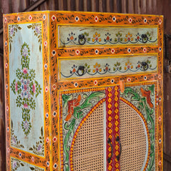 Hand-Painted Solid Wood Armoire Cabinet with Cane Doors and Floral Artwork | Rustic Storage Wardrobe for Bedroom, Living Room & Entryway