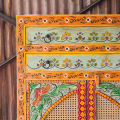 Hand-Painted Solid Wood Armoire Cabinet with Cane Doors and Floral Artwork | Rustic Storage Wardrobe for Bedroom, Living Room & Entryway