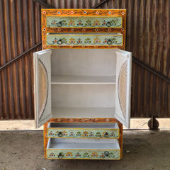 Hand-Painted Solid Wood Armoire Cabinet with Cane Doors and Floral Artwork | Rustic Storage Wardrobe for Bedroom, Living Room & Entryway