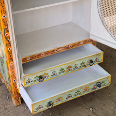 Hand-Painted Solid Wood Armoire Cabinet with Cane Doors and Floral Artwork | Rustic Storage Wardrobe for Bedroom, Living Room & Entryway