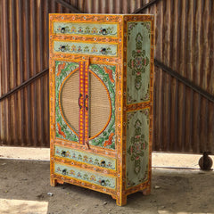 Hand-Painted Solid Wood Armoire Cabinet with Cane Doors and Floral Artwork | Rustic Storage Wardrobe for Bedroom, Living Room & Entryway