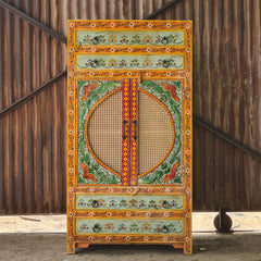 Hand-Painted Solid Wood Armoire Cabinet with Cane Doors and Floral Artwork | Rustic Storage Wardrobe for Bedroom, Living Room & Entryway