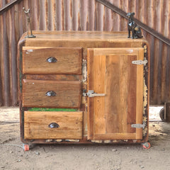 Handcrafted Reclaimed Wood Industrial Storage Cabinet with 3 Drawers & Door | Rustic Vintage Accent Cabinet