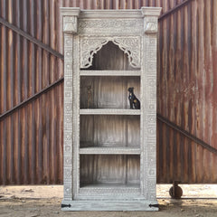 Handcrafted Whitewashed Solid Wood Bookshelf with Intricate Hand-Carved Arch Design | Tall Display Shelf for Living Room, Bedroom & Study