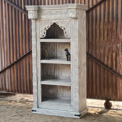 Handcrafted Whitewashed Solid Wood Bookshelf with Intricate Hand-Carved Arch Design | Tall Display Shelf for Living Room, Bedroom & Study