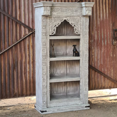 Handcrafted Whitewashed Solid Wood Bookshelf with Intricate Hand-Carved Arch Design | Tall Display Shelf for Living Room, Bedroom & Study
