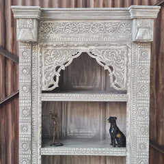 Handcrafted Whitewashed Solid Wood Bookshelf with Intricate Hand-Carved Arch Design | Tall Display Shelf for Living Room, Bedroom & Study