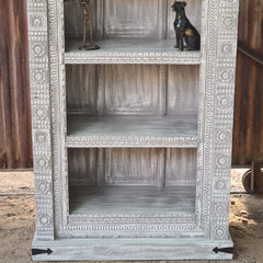 Handcrafted Whitewashed Solid Wood Bookshelf with Intricate Hand-Carved Arch Design | Tall Display Shelf for Living Room, Bedroom & Study