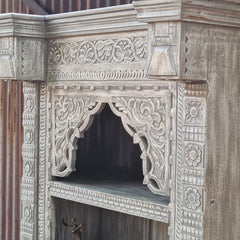 Handcrafted Whitewashed Solid Wood Bookshelf with Intricate Hand-Carved Arch Design | Tall Display Shelf for Living Room, Bedroom & Study