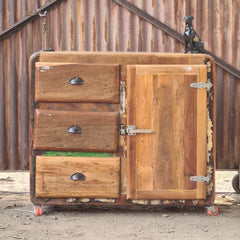 Handcrafted Reclaimed Wood Industrial Storage Cabinet with 3 Drawers & Door | Rustic Vintage Accent Cabinet