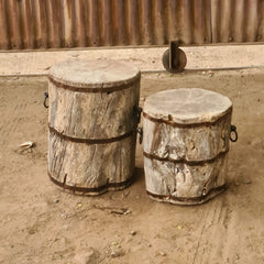 Handcrafted Solid Wood Barrel Side Tables Set of 2 | Rustic Reclaimed Timber Accent Stools with Iron Band & Ring Handle Details