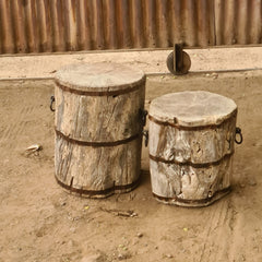 Handcrafted Solid Wood Barrel Side Tables Set of 2 | Rustic Reclaimed Timber Accent Stools with Iron Band & Ring Handle Details