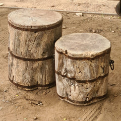 Handcrafted Solid Wood Barrel Side Tables Set of 2 | Rustic Reclaimed Timber Accent Stools with Iron Band & Ring Handle Details