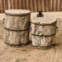 Handcrafted Solid Wood Barrel Side Tables Set of 2 | Rustic Reclaimed Timber Accent Stools with Iron Band & Ring Handle Details