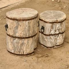 Handcrafted Solid Wood Barrel Side Tables Set of 2 | Rustic Reclaimed Timber Accent Stools with Iron Band & Ring Handle Details