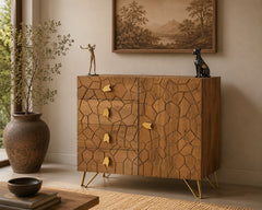 Modern Geometric Wooden Chest of Drawers – Solid Wood Storage Cabinet with Gold Metal Legs | Contemporary Bedroom Dresser & Living Room Storage Unit