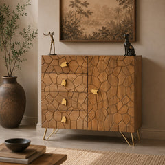 Modern Geometric Wooden Chest of Drawers – Solid Wood Storage Cabinet with Gold Metal Legs | Contemporary Bedroom Dresser & Living Room Storage Unit
