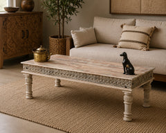 Hand-Carved Wooden Coffee Table | Whitewash Rustic Center Table | Handmade Living Room Coffee Table | Farmhouse & Boho Furniture