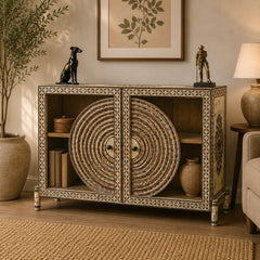Handcrafted Hand-Painted Wooden Accent Cabinet | Mandala Pattern Storage Cabinet with Decorative Folk Art Design | Rustic Boho Sideboard for Living Room & Entryway