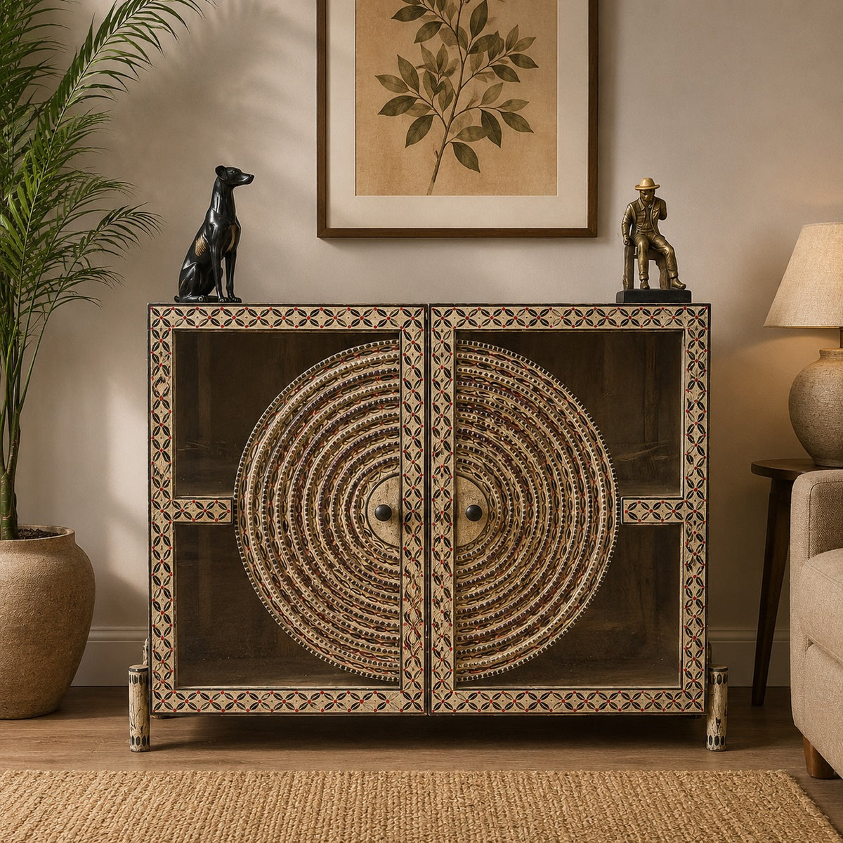 Handcrafted Hand-Painted Wooden Accent Cabinet | Mandala Pattern Storage Cabinet with Decorative Folk Art Design | Rustic Boho Sideboard for Living Room & Entryway