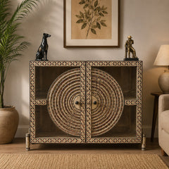Handcrafted Hand-Painted Wooden Accent Cabinet | Mandala Pattern Storage Cabinet with Decorative Folk Art Design | Rustic Boho Sideboard for Living Room & Entryway