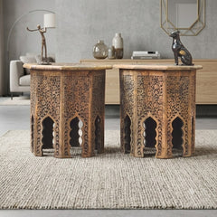 Set of 2 Hand-Carved Wooden Accent Tables | Moroccan Style Side Tables | Rustic Solid Wood End Tables | Boho Living Room Furniture
