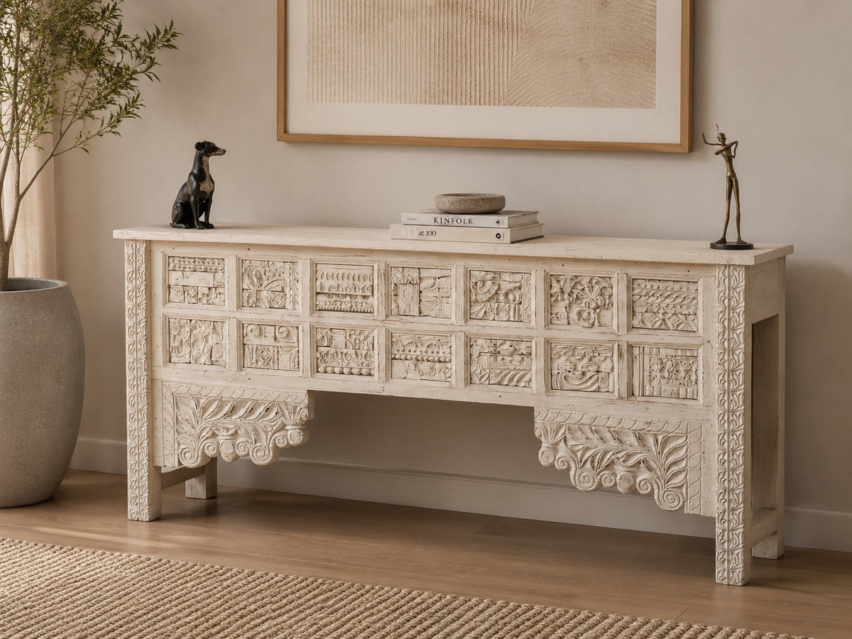 Hand-Carved Solid Wood Console Table | Whitewash Entryway Table | Rustic Farmhouse Hallway Console | Decorative Accent Furniture