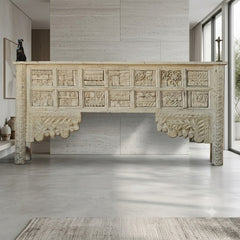 Hand-Carved Solid Wood Console Table | Whitewash Entryway Table | Rustic Farmhouse Hallway Console | Decorative Accent Furniture