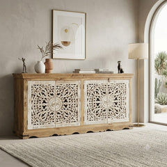 Handcrafted Solid Wood Sideboard Cabinet with Intricate Mandala Carved Doors | Rustic Storage Cabinet for Living Room, Dining Room & Entryway