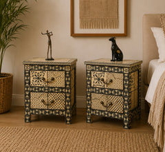 Hand-Painted Wooden Bedside Table with 2 Drawers | Black & Ivory Geometric Nightstand | Handmade Bedroom Furniture
