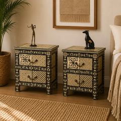Hand-Painted Wooden Bedside Table with 2 Drawers | Black & Ivory Geometric Nightstand | Handmade Bedroom Furniture