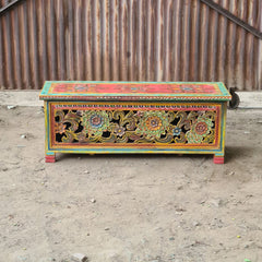 Hand-Painted Floral Blanket Box | Traditional Rajasthan Wooden Storage Chest with Hand-Carved Folk Art Detailing