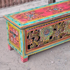 Hand-Painted Floral Blanket Box | Traditional Rajasthan Wooden Storage Chest with Hand-Carved Folk Art Detailing