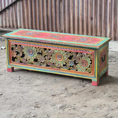 Hand-Painted Floral Blanket Box | Traditional Rajasthan Wooden Storage Chest with Hand-Carved Folk Art Detailing